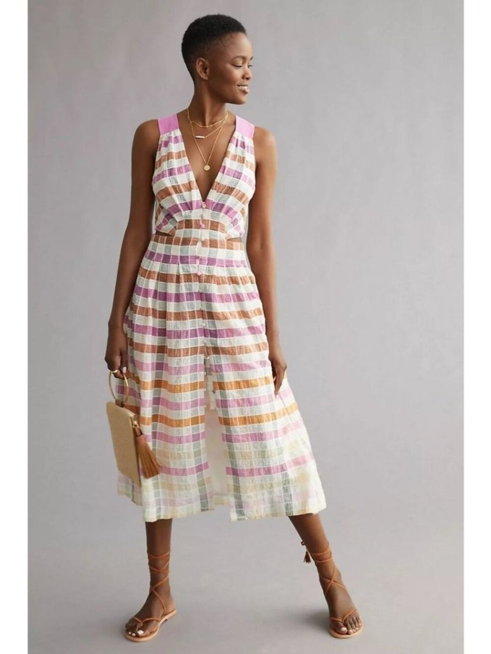 Maeve Anthropologie women's 16W ombre plaid midi sundress cutout crossback